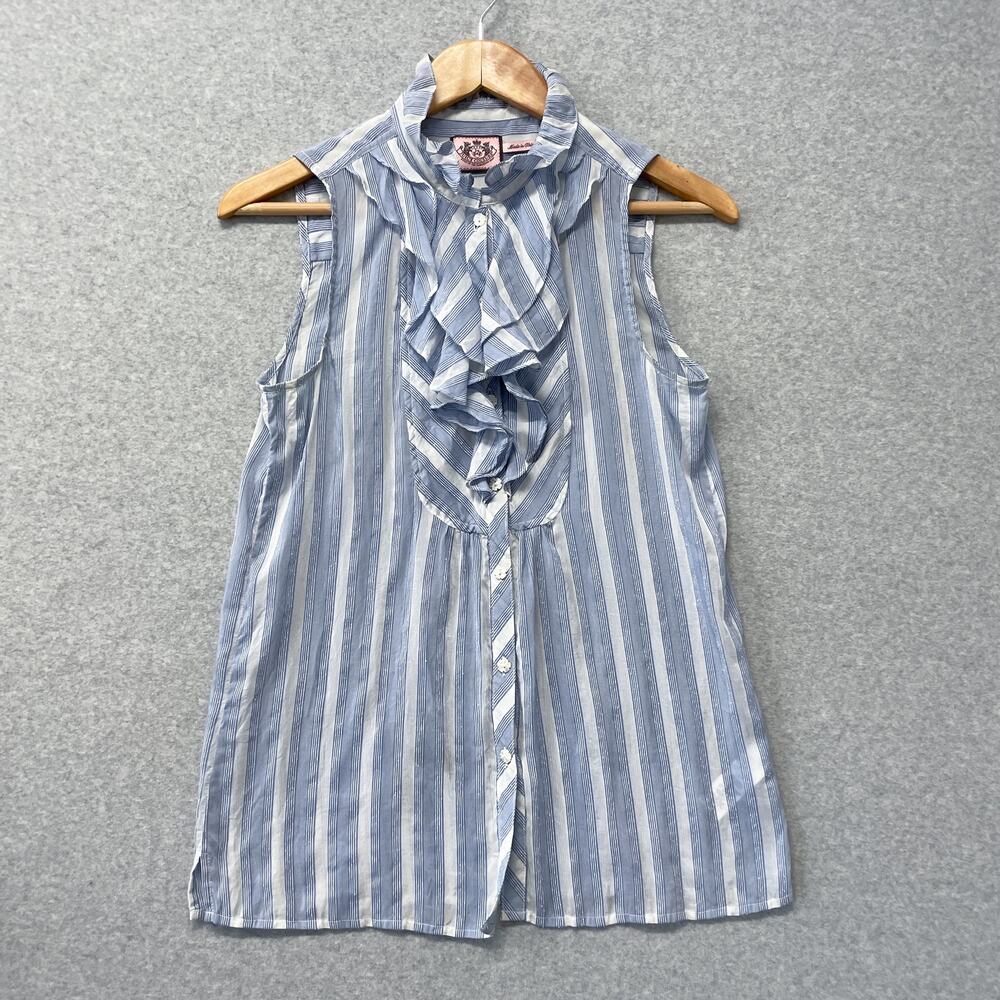 Office Siren Y2K Juicy Couture Ruffle Frills Button Down Tag Stripes Size 2